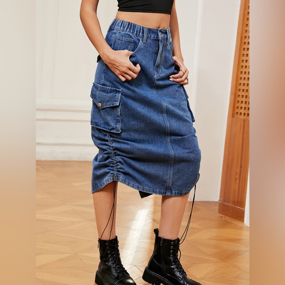 Drawstring Ruched Slit Denim Midi Skirt